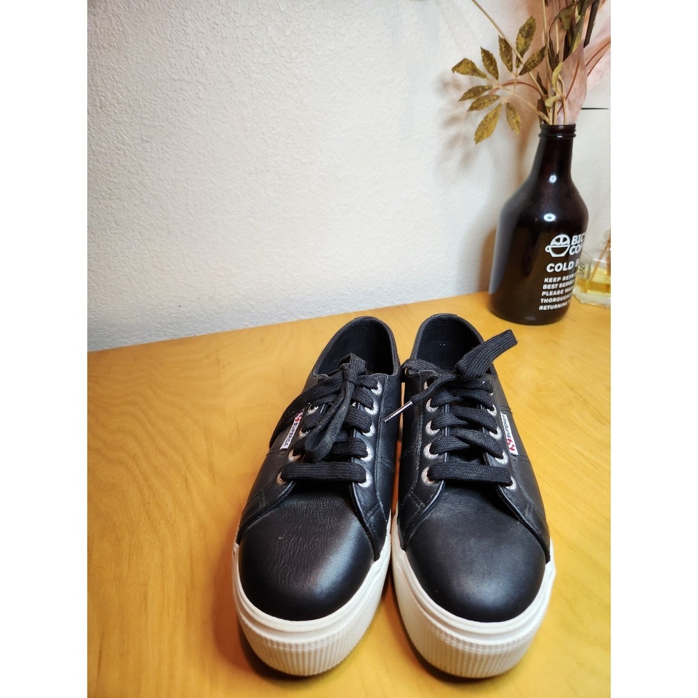 Superga 2631 Black Leather Platform Sneakers Womens US 6.5 EU37 Lace Up